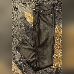 7 For All Mankind Black Faux Leather Skinny Jeans Size 27 Low-rise Gold Accents